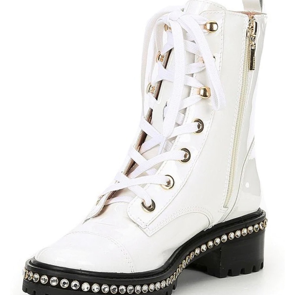 Schutz Andorra patent embedded crystal detail block heel combat boots